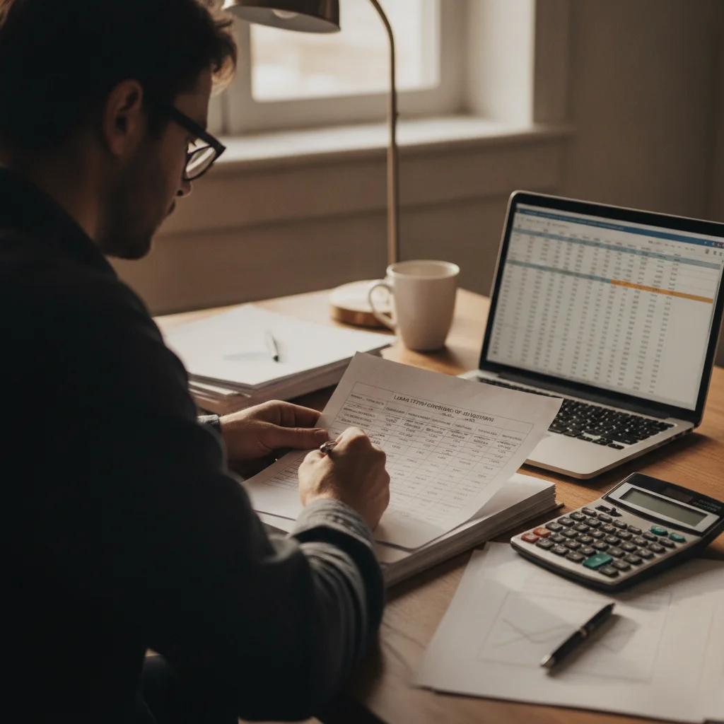 Person reviewing auto loan refinancing documents and calculating loan term options at a desk