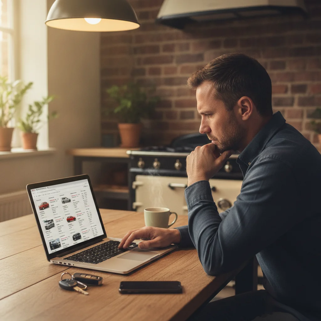 Person researching car sale prices on a laptop with car keys on the table beside them