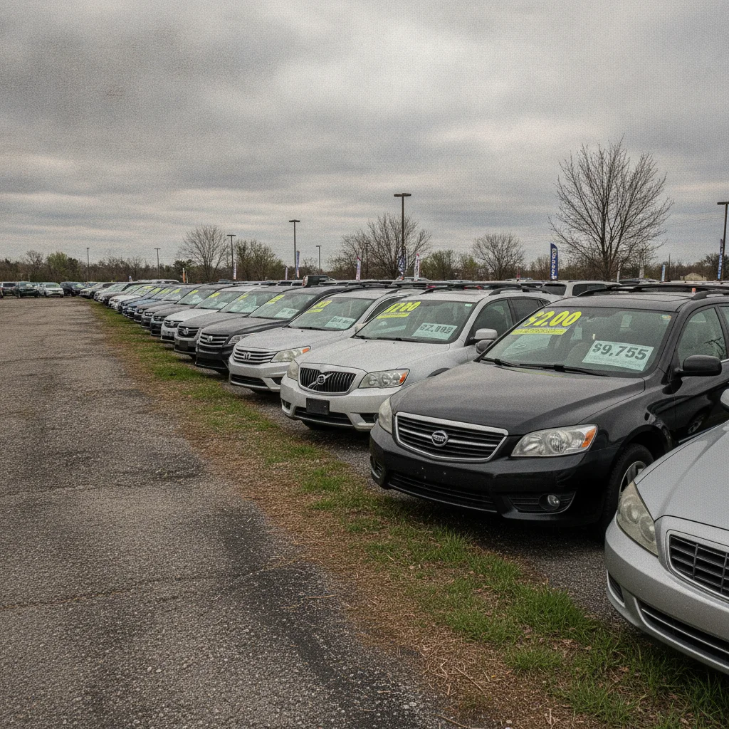 Row of used cars with price stickers on windshields at an outdoor car lot in spring