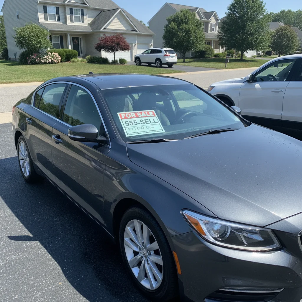 Clean car parked in a driveway with a for sale sign in the window, prepared and ready to list
