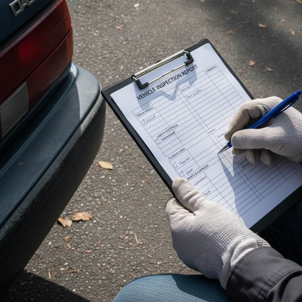 Person reviewing a vehicle checklist on a clipboard next to a car before listing it for sale