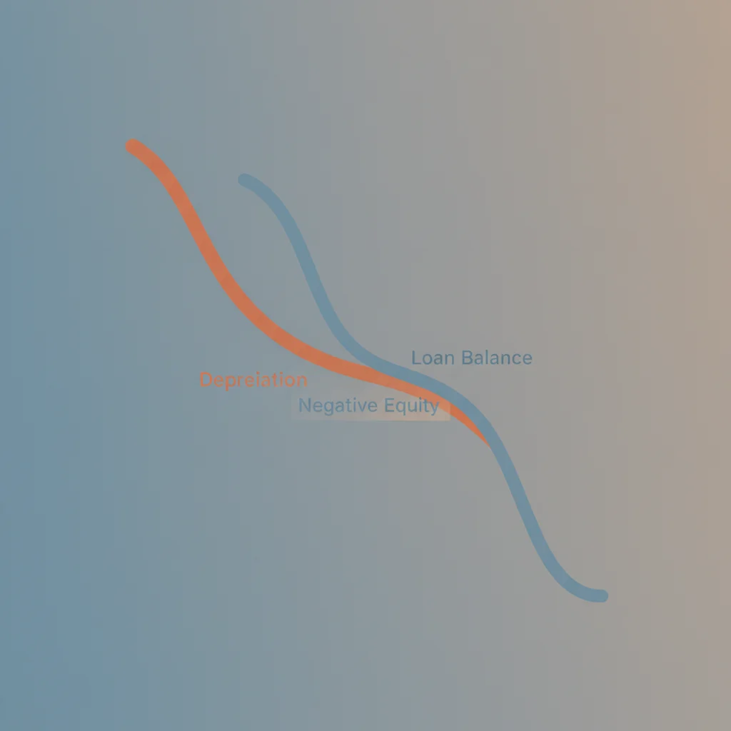 Graph showing vehicle depreciation curve crossing above a loan balance line, illustrating being underwater