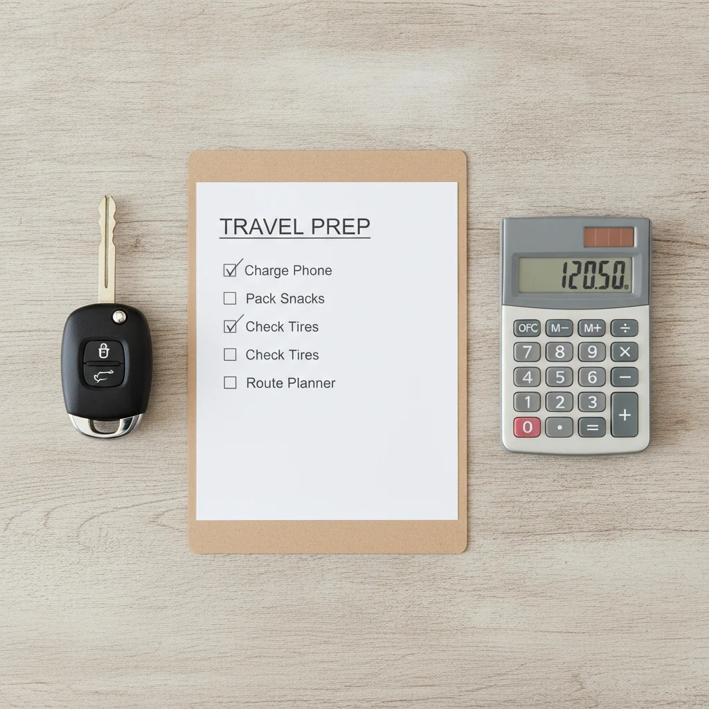 Car key, checklist, and calculator arranged on a table representing the auto loan decision process