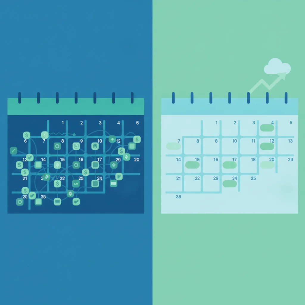Split calendar illustration comparing frequent short-term loan payments to spaced-out long-term payments