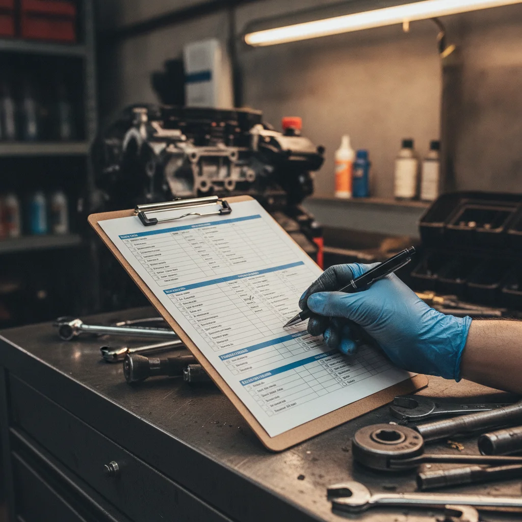 Mechanic's clipboard with a vehicle inspection checklist on a workbench in an auto shop