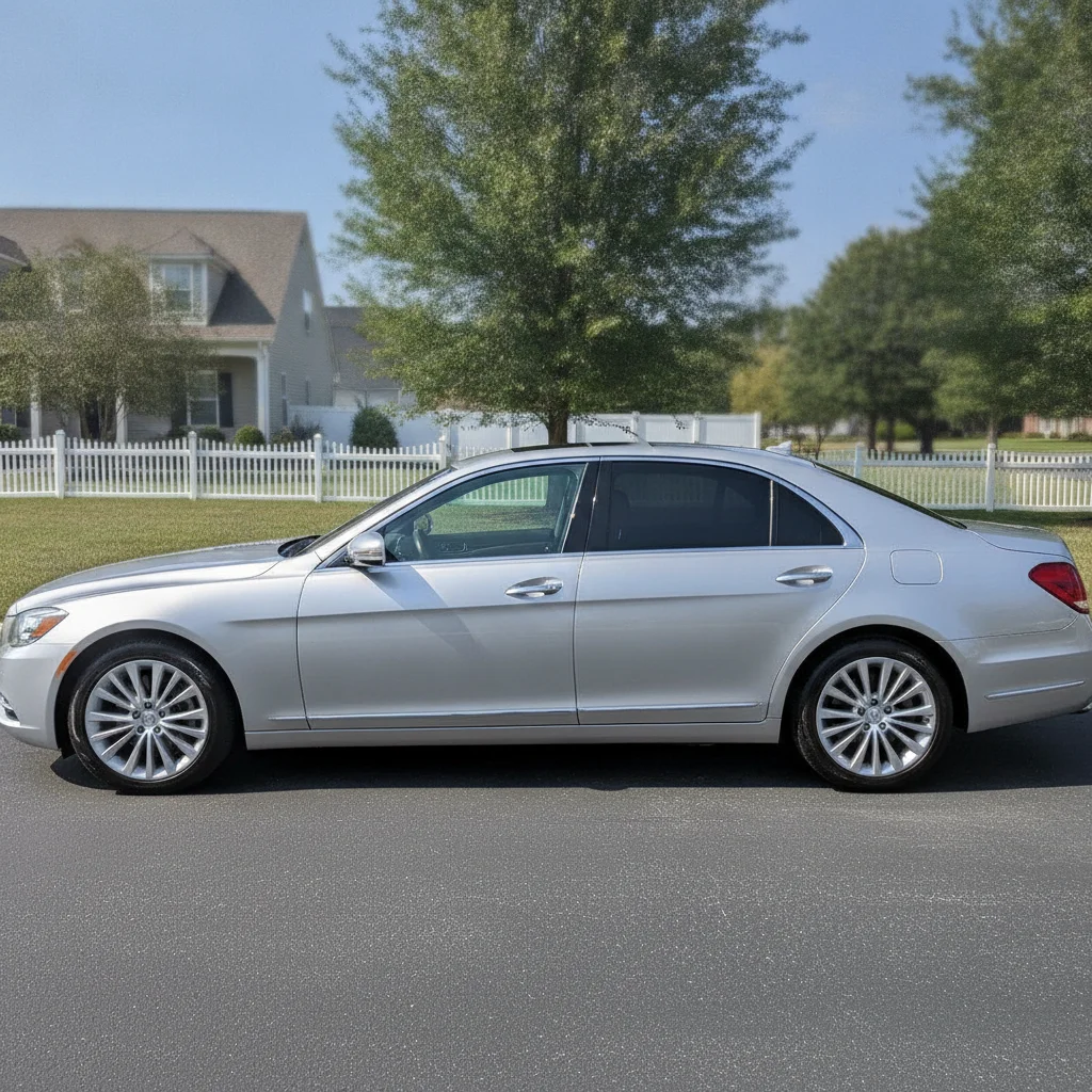 A clean, well-maintained silver sedan parked outdoors in bright daylight