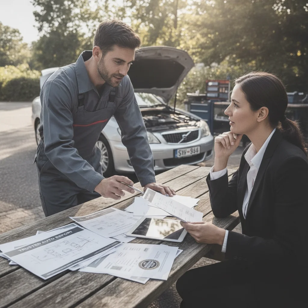 Seller and buyer reviewing printed vehicle inspection documents near a parked car