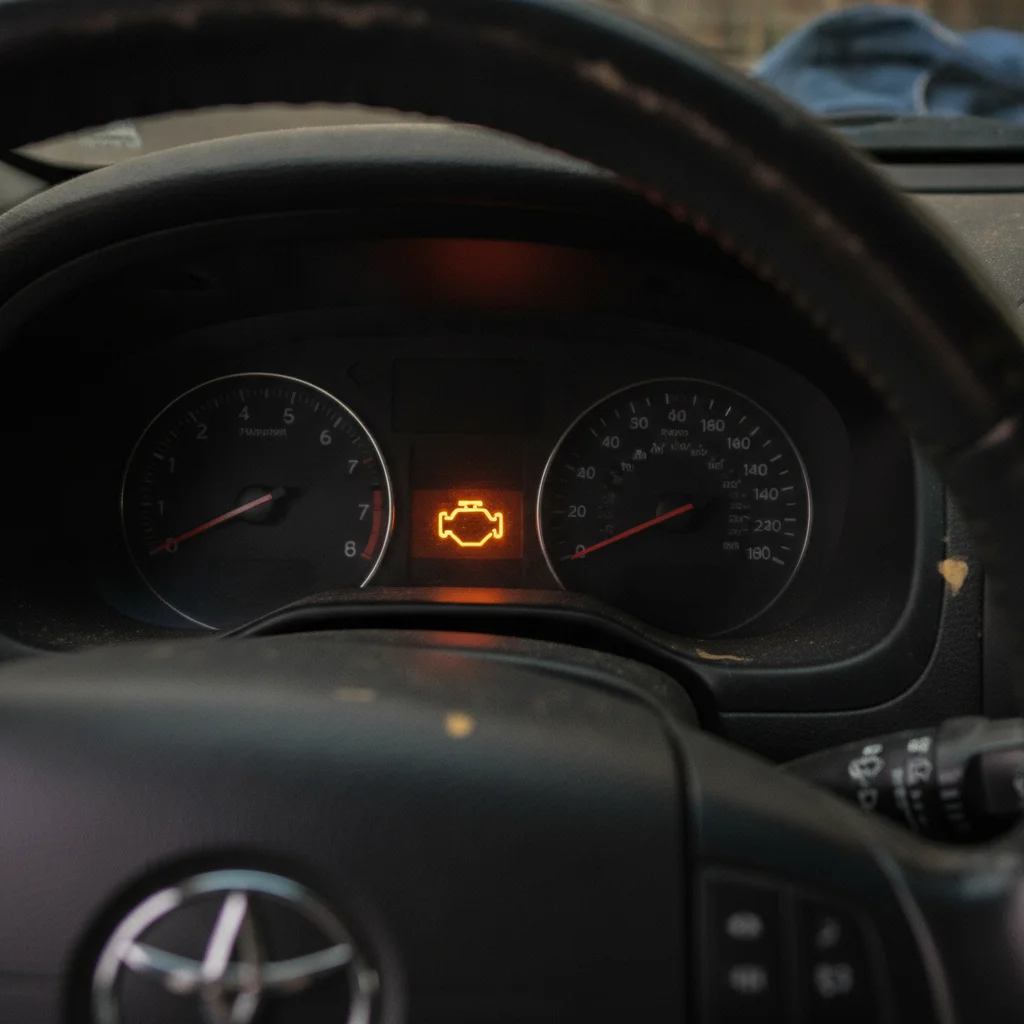 Car dashboard with check engine warning light illuminated, signaling a diagnostic issue before a trade-in appraisal