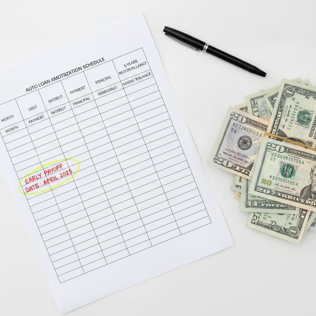 Amortization schedule worksheet with highlighted early payoff date next to a stack of cash representing a tax refund