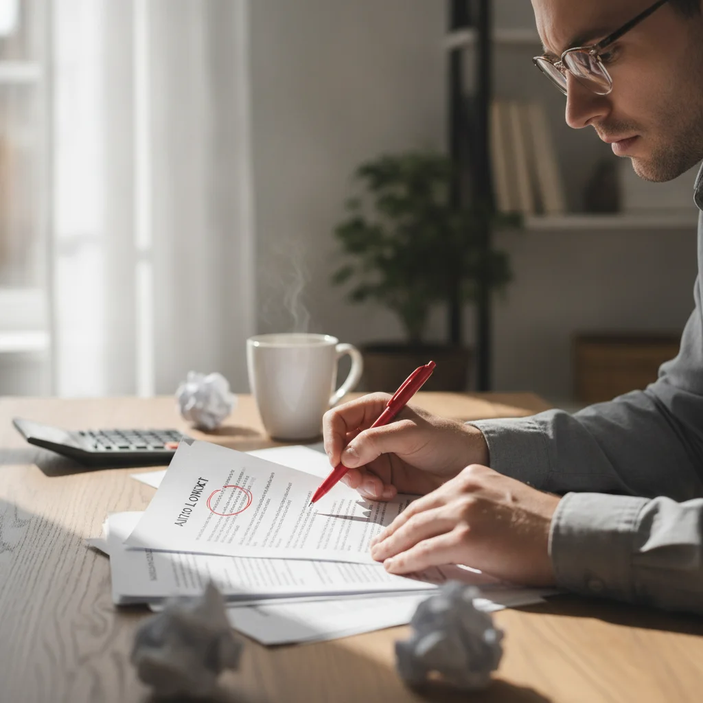 Person reviewing auto loan contract and circling prepayment penalty clause with a red pen at a desk