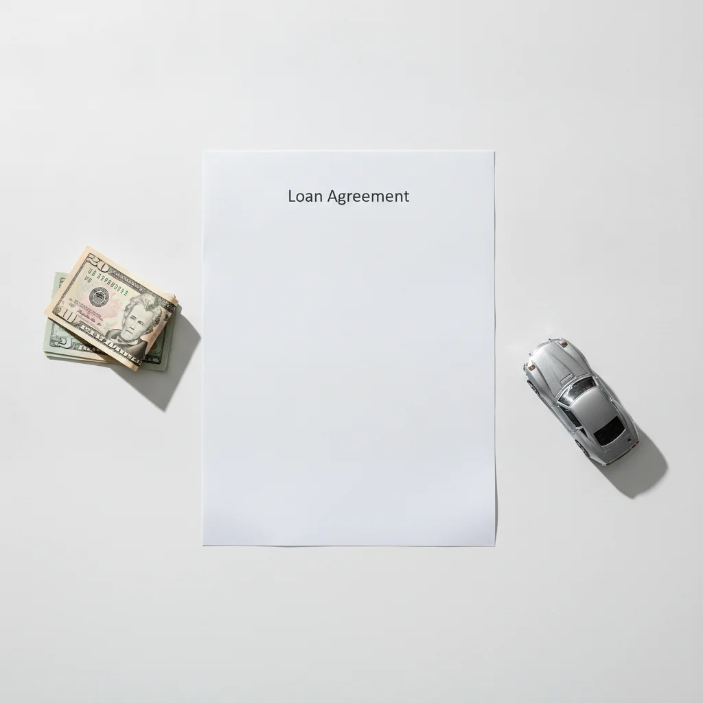 Overhead view of a loan document, dollar bills, and a small toy car on a desk