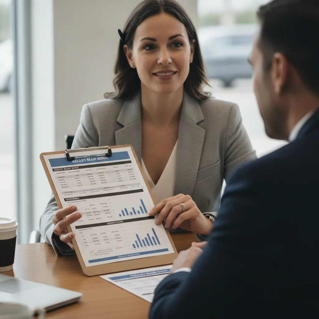 A car seller holding printed trade-in value estimates from multiple sources at a dealership