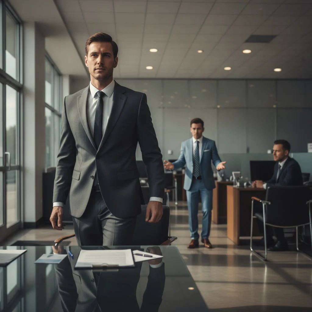 A car seller standing up from a dealership negotiation table as if preparing to walk away