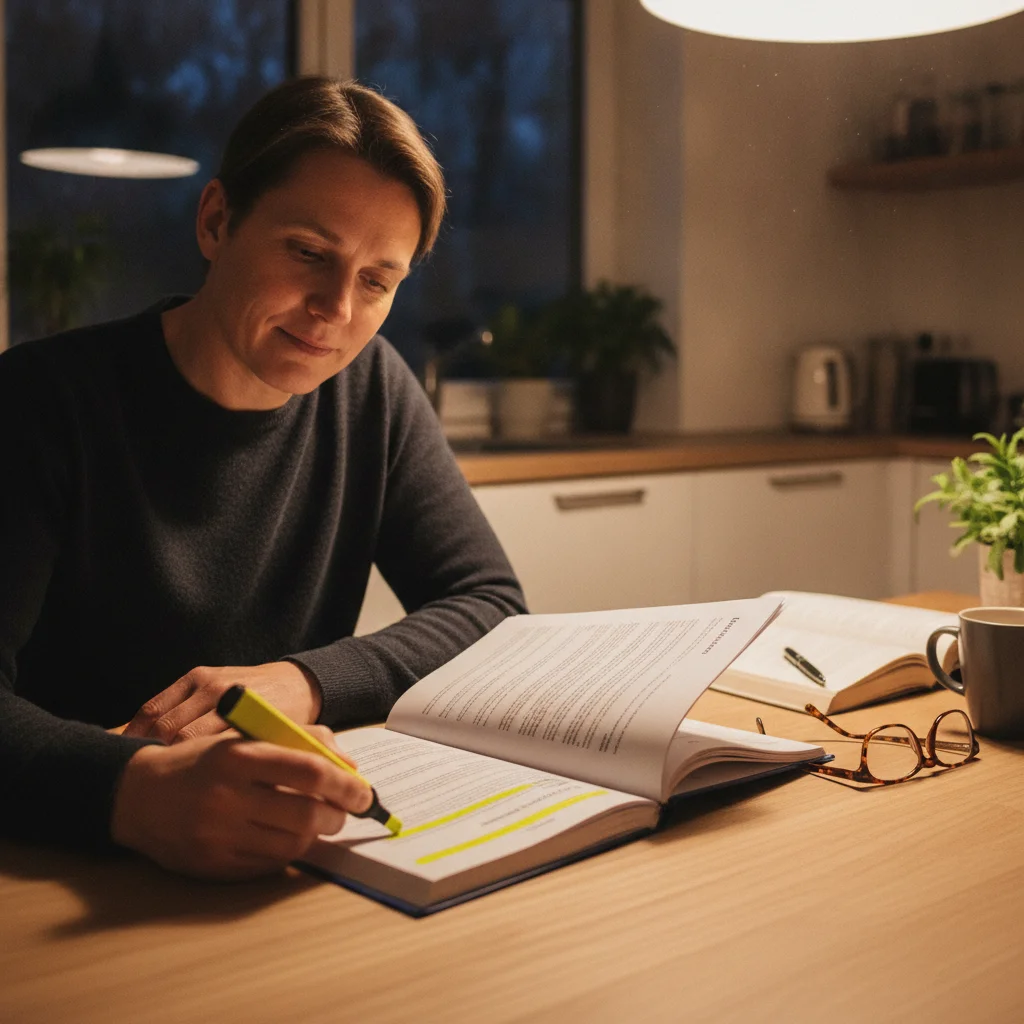 Person reviewing and highlighting clauses in a multi-page auto loan contract at a kitchen table