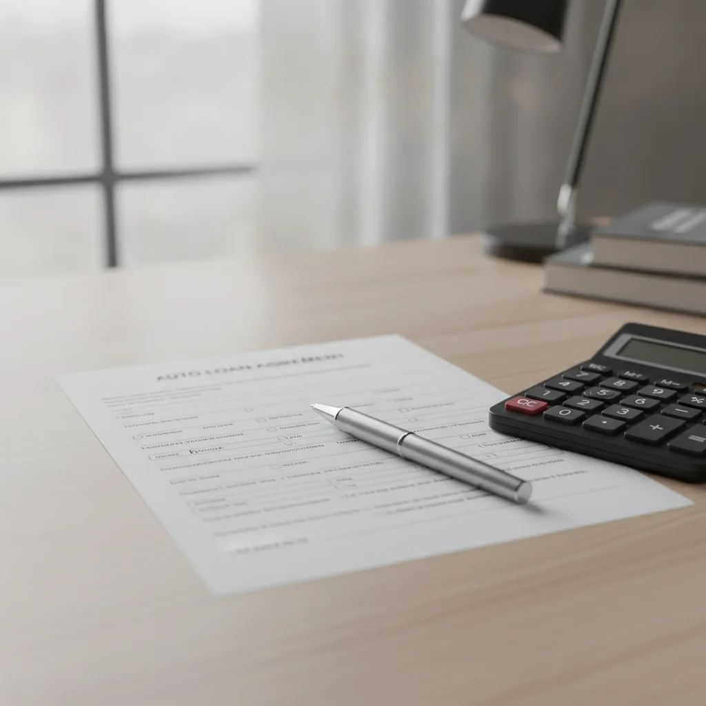 Auto loan agreement document on a desk next to a pen and calculator, lit by natural light.