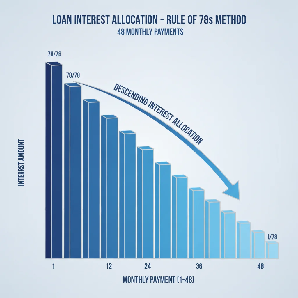 Bar chart illustrating how Rule of 78s front-loads interest allocation across a 48-month loan term