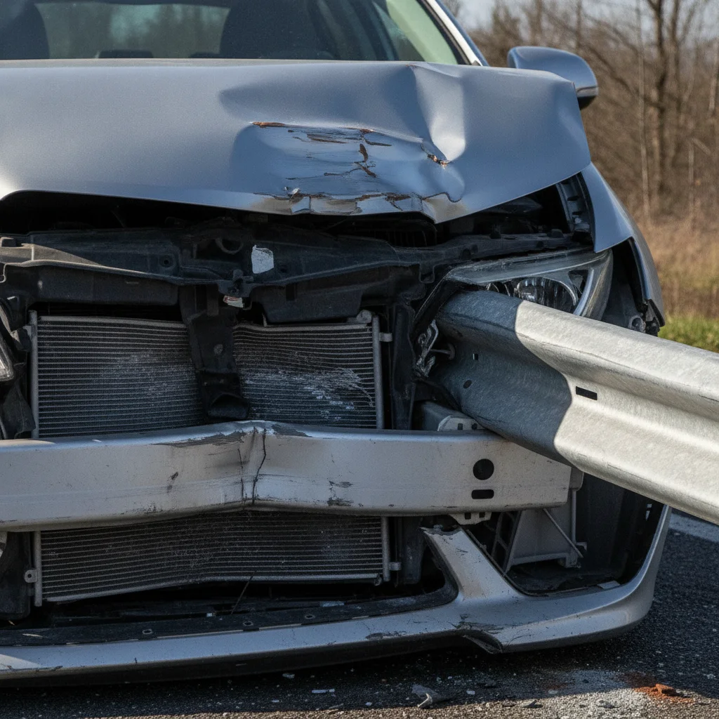 Close-up of crumpled car bumper and hood showing impact damage from striking a guardrail