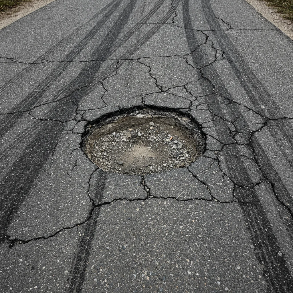 Large pothole on a deteriorating asphalt road surface with visible cracks and tire marks nearby