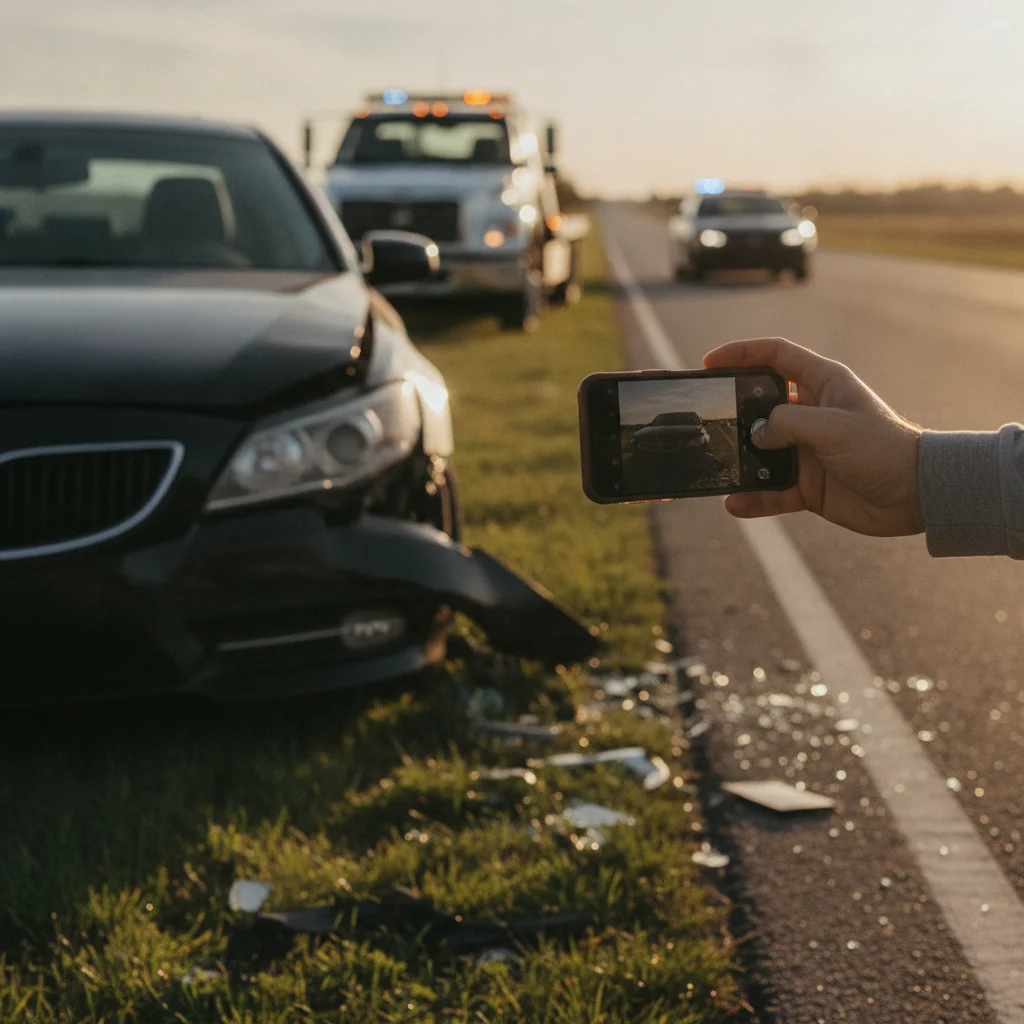 Hand holding smartphone to photograph car damage on roadside after a single-vehicle accident