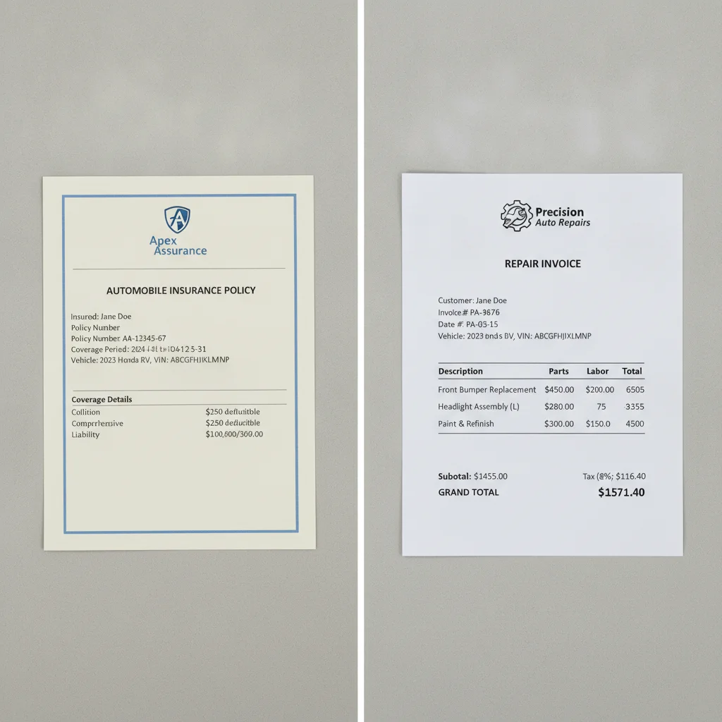 Insurance policy document beside a vehicle repair cost estimate showing coverage and financial impact