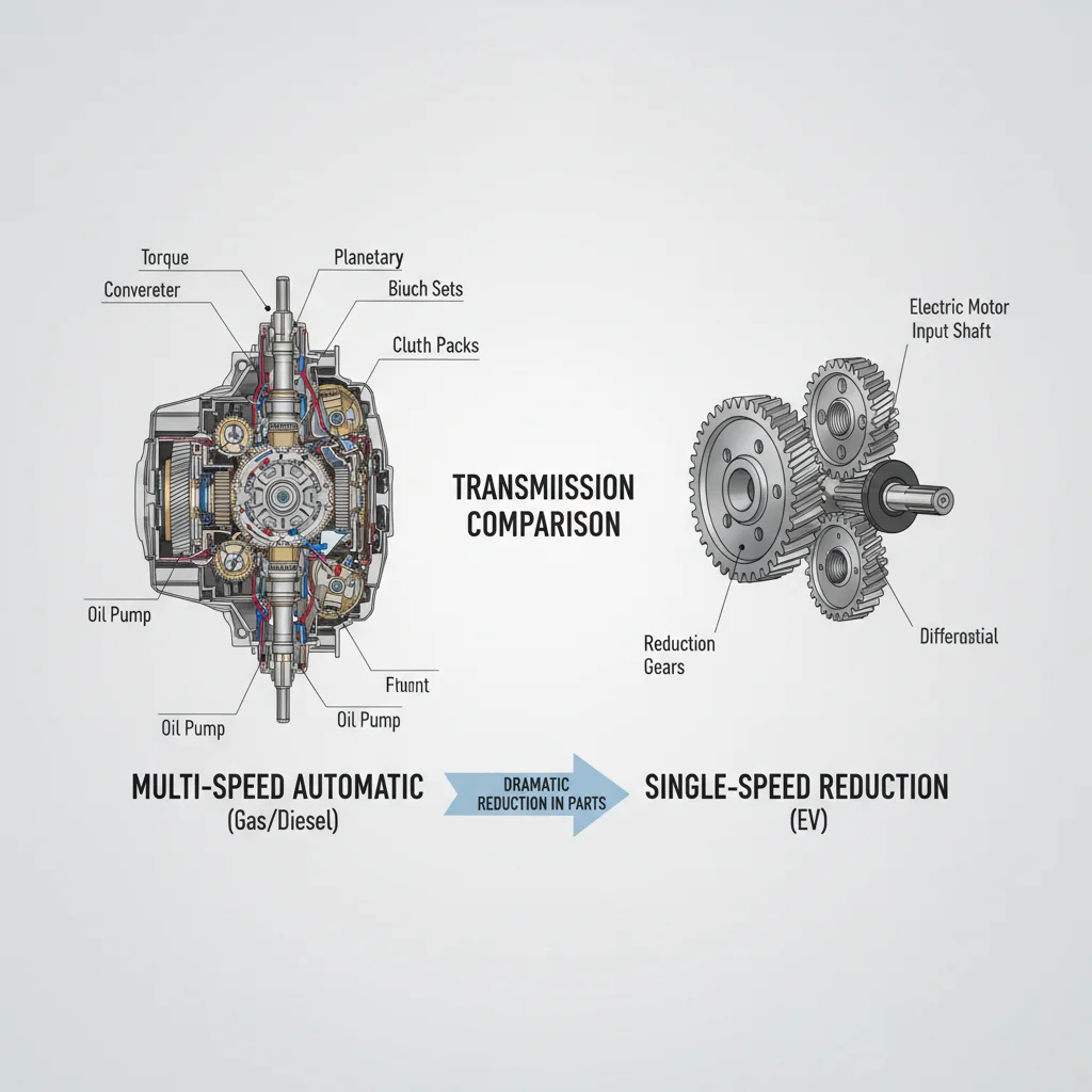 Side-by-side comparison diagram showing complex automatic transmission versus simple EV single-speed gear reduction unit