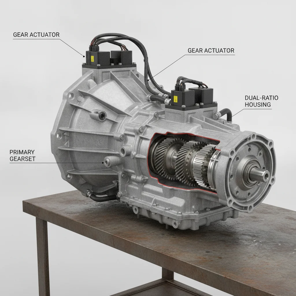 Two-speed electric vehicle transmission unit on workshop bench showing shift actuators and dual gear ratio housing