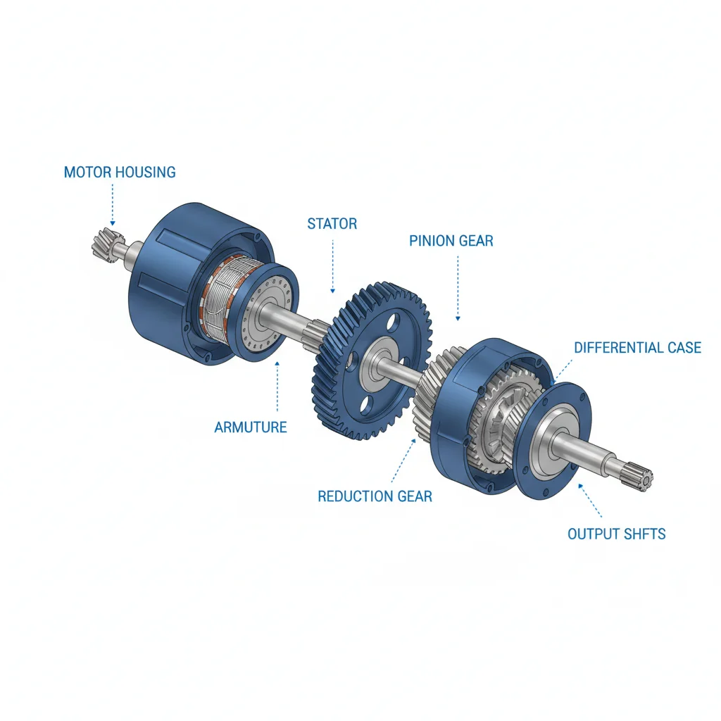 Exploded technical diagram showing electric motor connected to a single-speed gear reduction unit and differential
