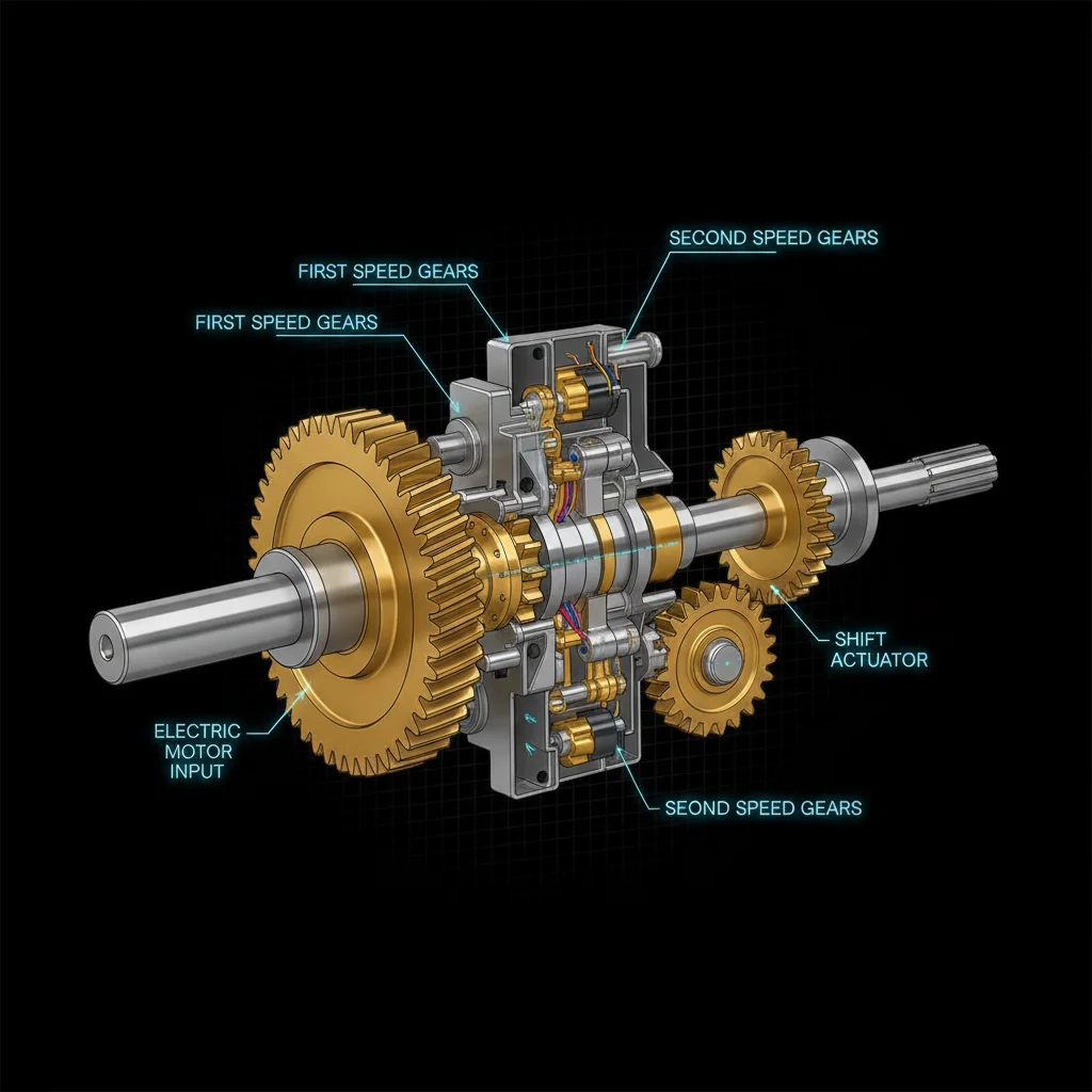 Cutaway illustration of a two-speed EV rear-axle transmission showing gear sets and shift actuator