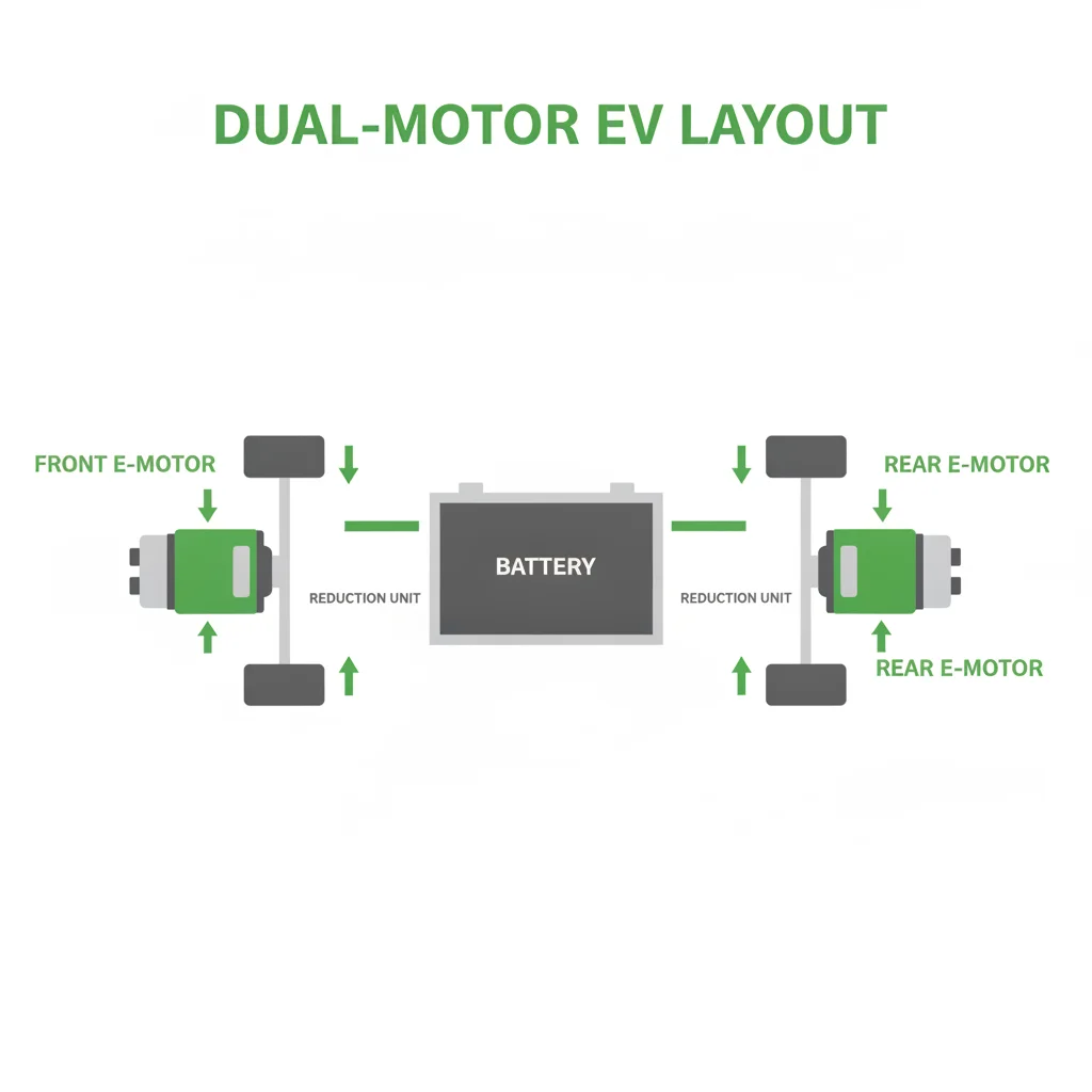 Top-down diagram of a dual-motor EV layout showing independent front and rear motors with separate reduction units