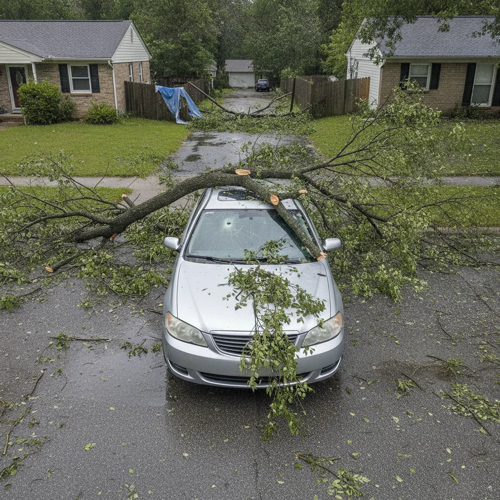 A parked car with storm-fallen tree branches resting on the hood and roof