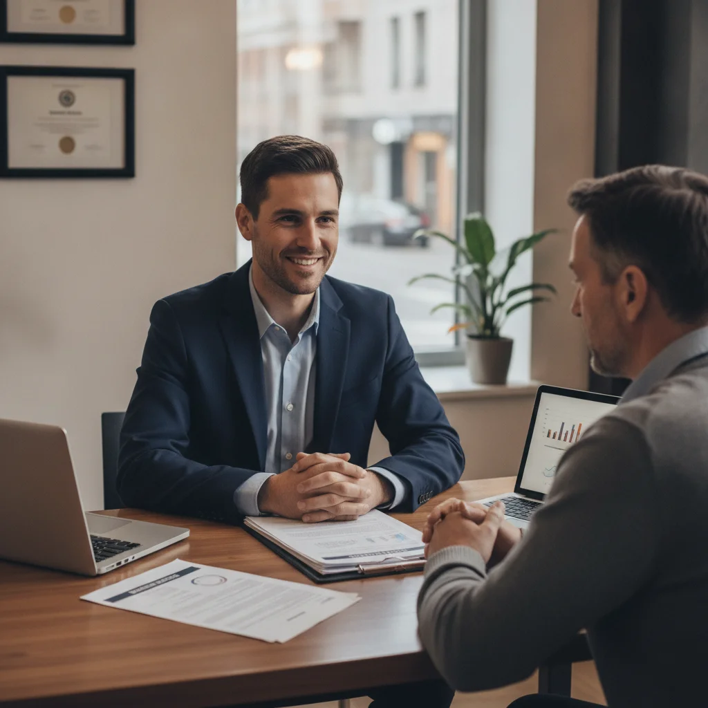 An insurance agent reviewing a comprehensive claim with a vehicle owner at an office desk