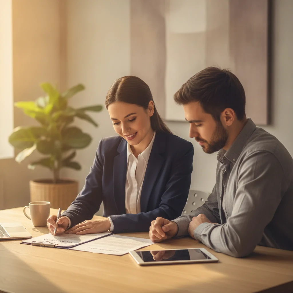 An insurance agent and driver reviewing liability coverage policy documents together at a professional office desk