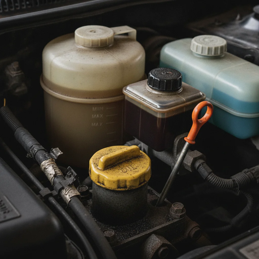Engine bay of an older vehicle with oil cap, dipstick, and fluid reservoirs showing wear