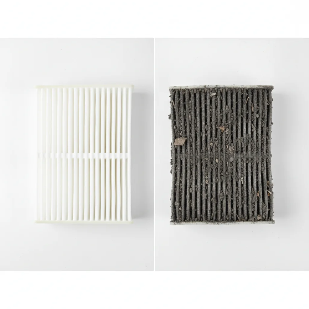 Side-by-side comparison of a clean new engine air filter and a badly clogged dirty one