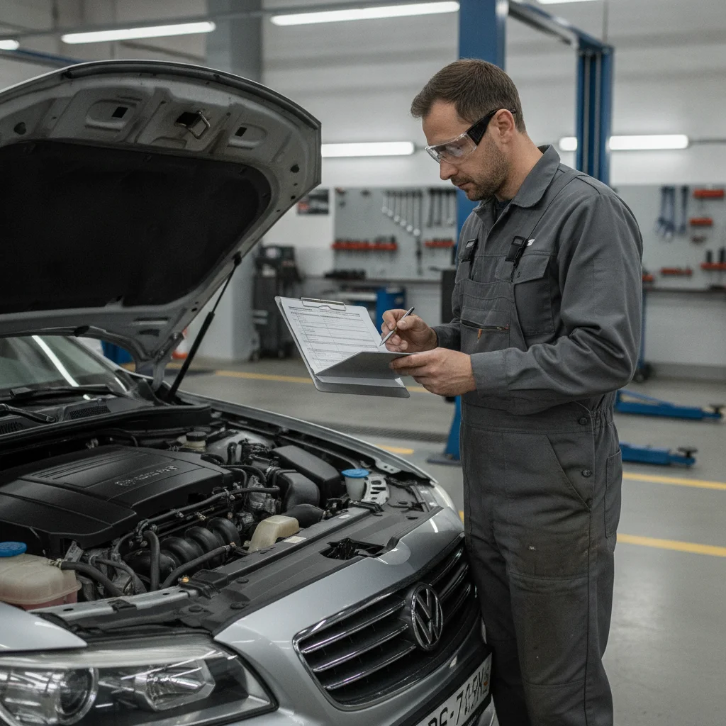 Mechanic reviewing a vehicle maintenance schedule checklist on a clipboard next to an open hood