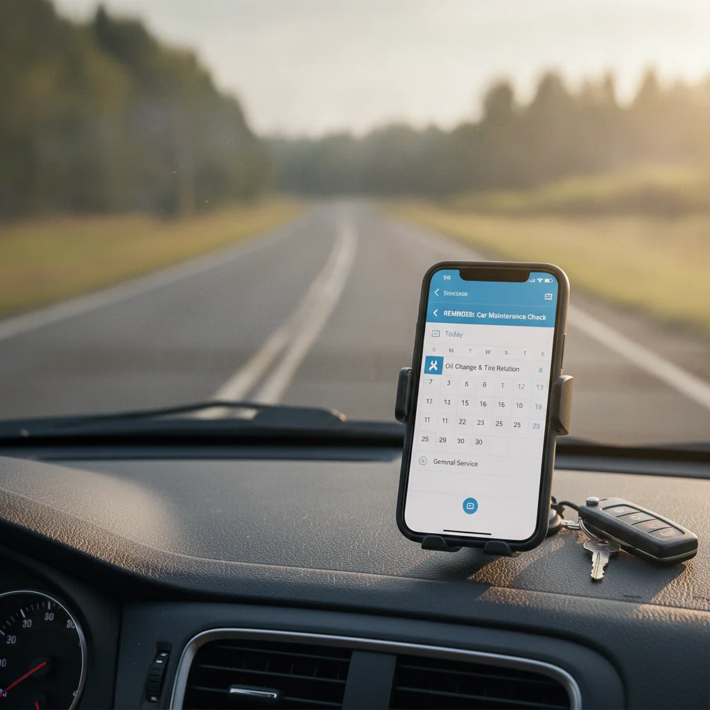 Smartphone on car dashboard displaying a recurring calendar reminder for vehicle maintenance service