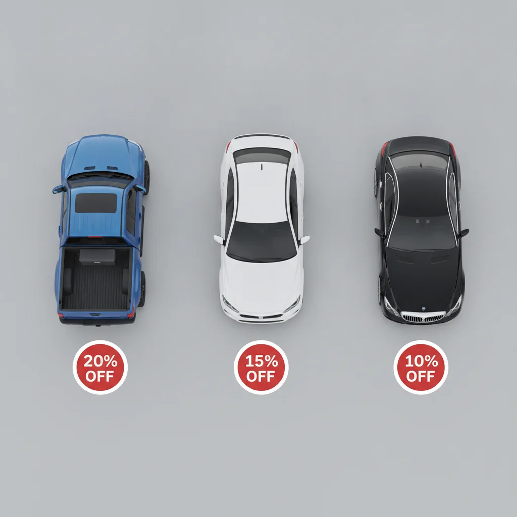 Three vehicle types representing different depreciation segments: pickup truck, compact SUV, and luxury sedan