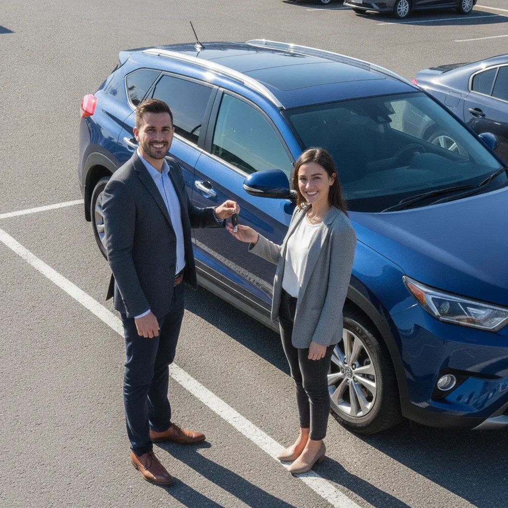 A seller confidently handing over car keys to a buyer next to a well-maintained midsize SUV
