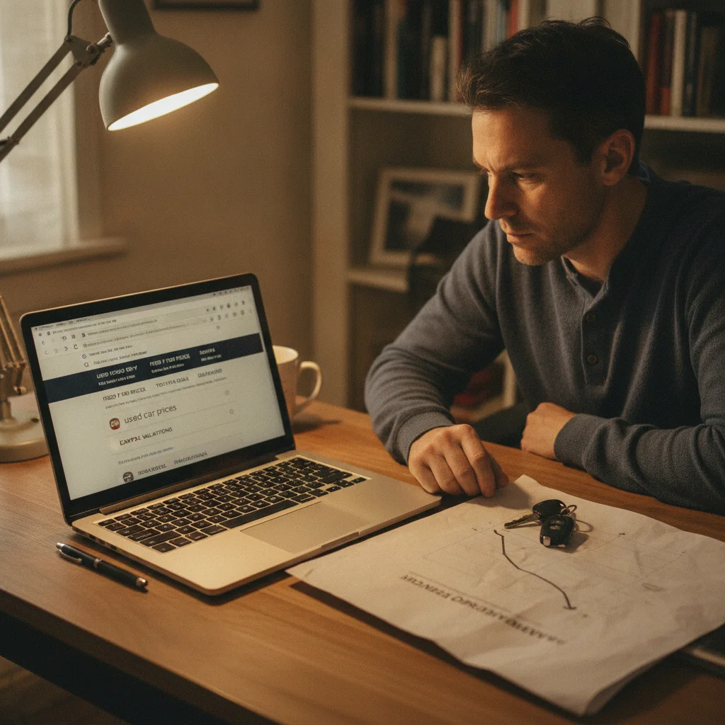 A car seller researching used vehicle prices online using depreciation data at a home desk