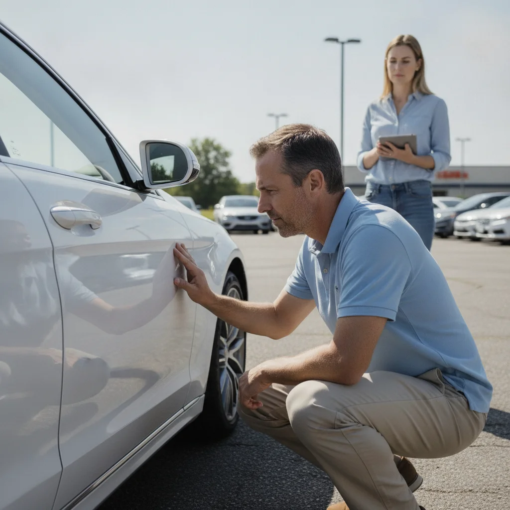 A car buyer inspecting a small door dent on a white sedan outdoors in daylight