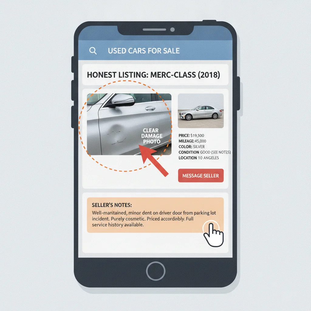 A car listing showing a clear photo of a door dent for honest disclosure to potential buyers