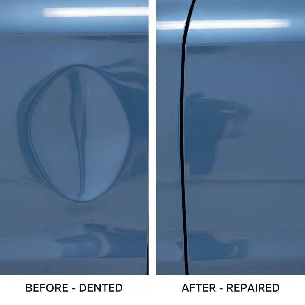 Before and after comparison of a small car door dent repaired using paintless dent repair technique