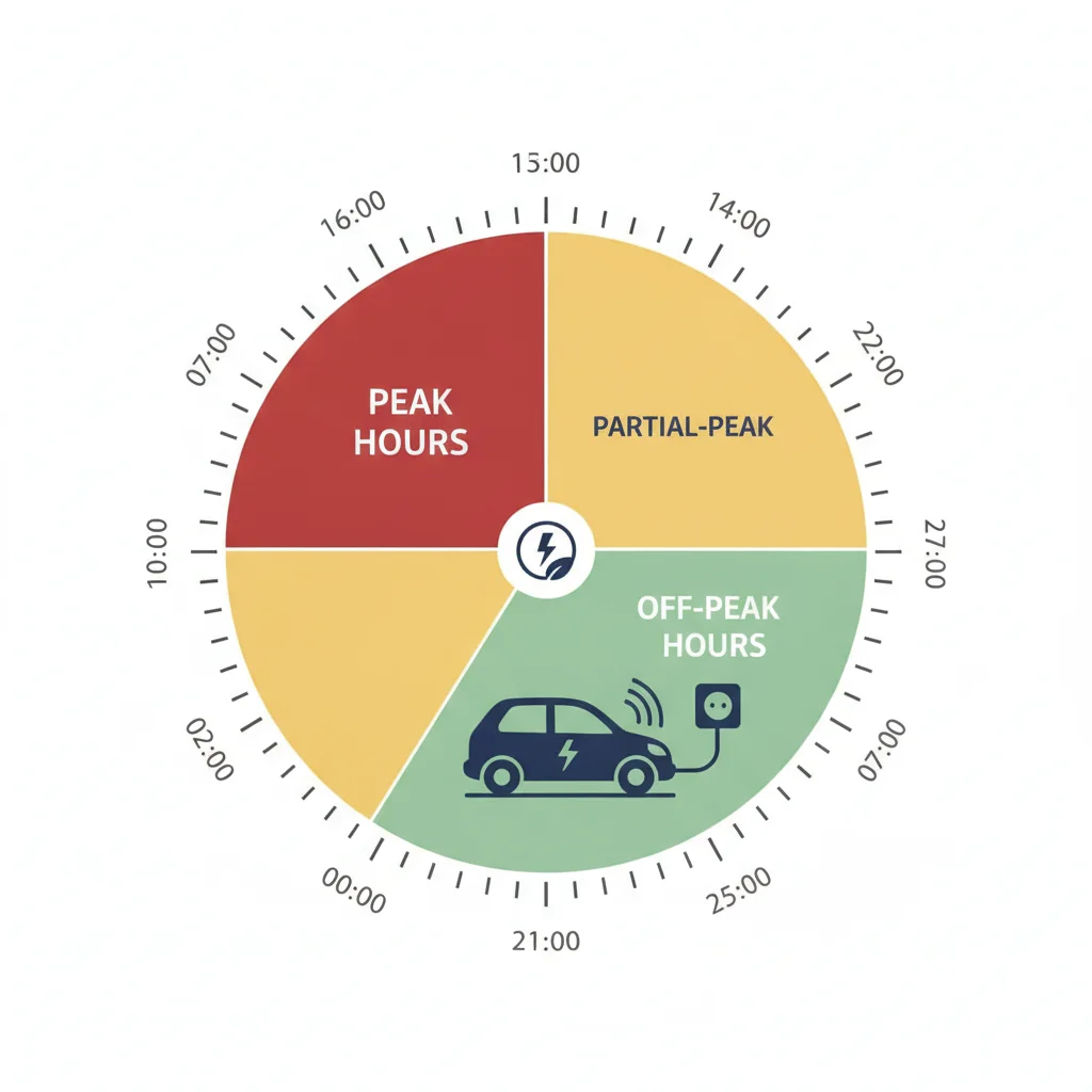 Color-coded 24-hour clock diagram showing peak, partial-peak, and off-peak electricity rate windows for EV charging