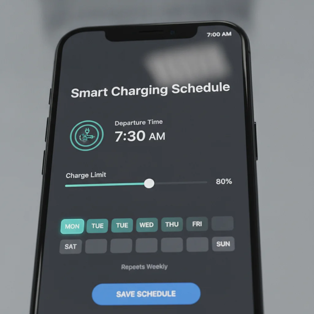 Smartphone displaying an EV manufacturer app with scheduled charging set to 80% charge limit and 7:30 AM departure time