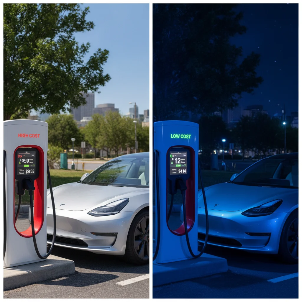 Split image comparing daytime peak-rate EV charging costs versus overnight off-peak charging costs on a digital meter