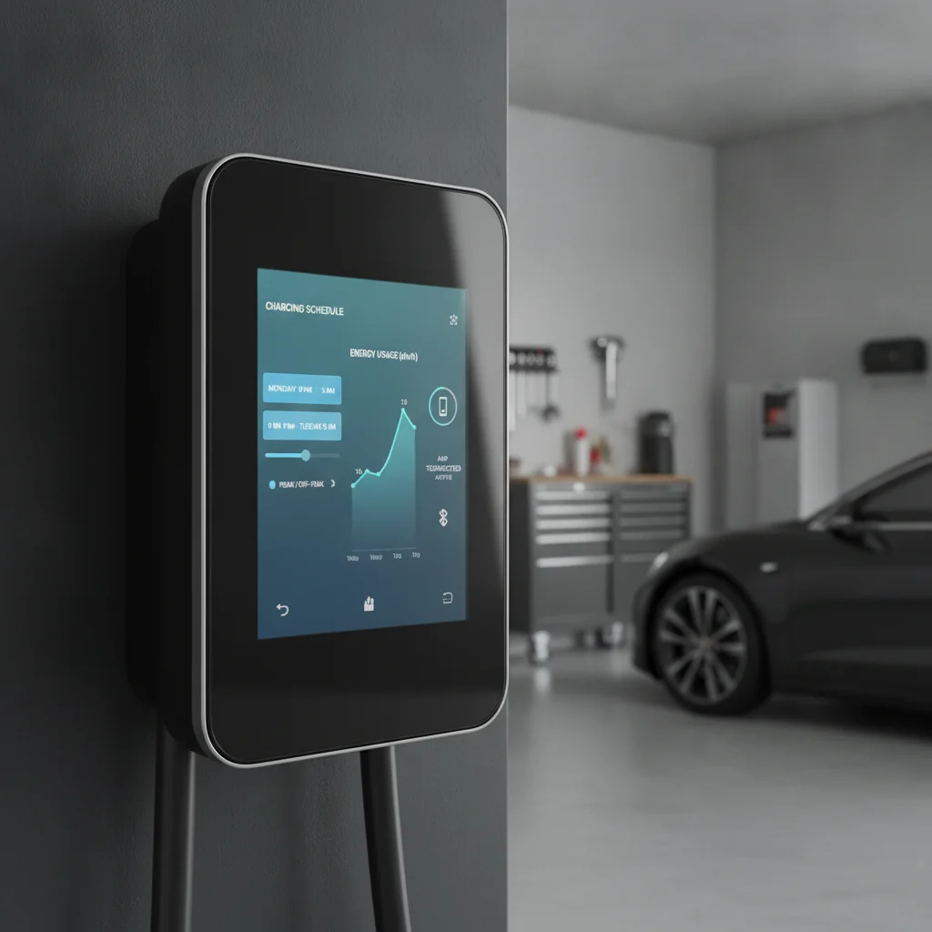 Smart EV charger display screen showing charging schedule and energy usage data