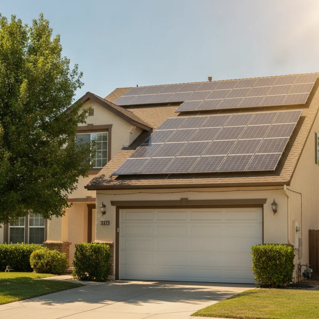 Solar panels on a suburban home roof with a garage where an EV would charge below