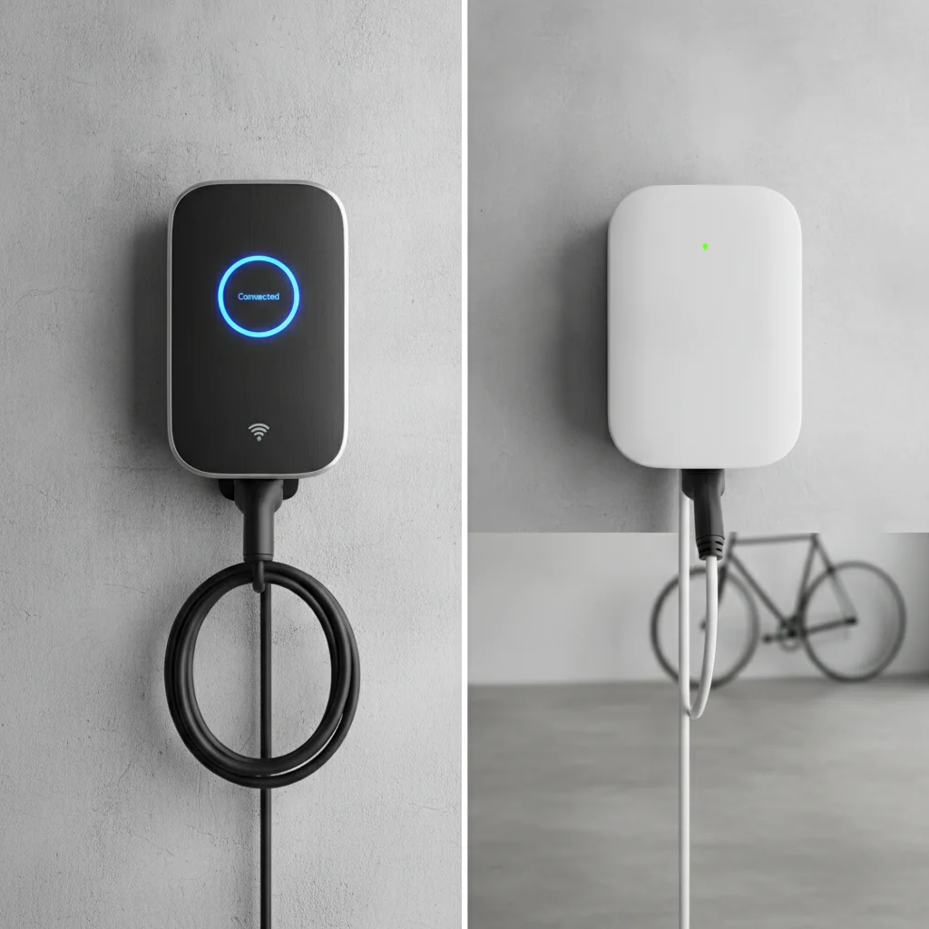 Side-by-side comparison of a smart EV charger and a basic EV charger mounted on a garage wall