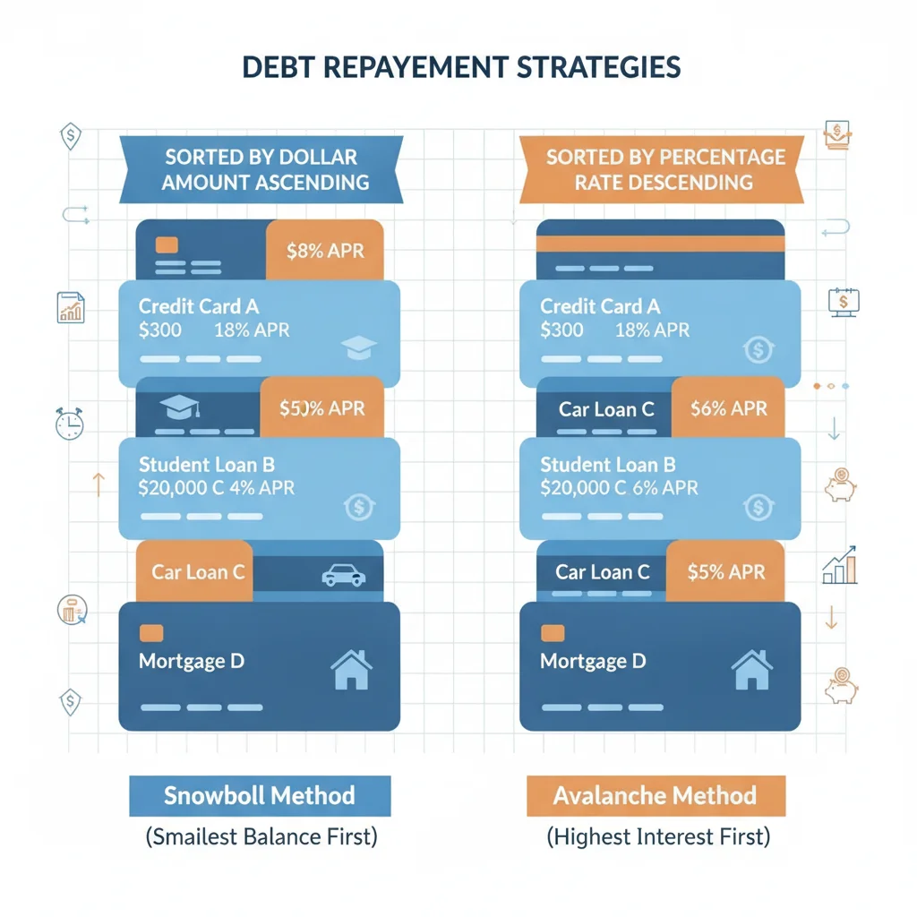Infographic showing debt cards sorted by balance for snowball versus by interest rate for avalanche