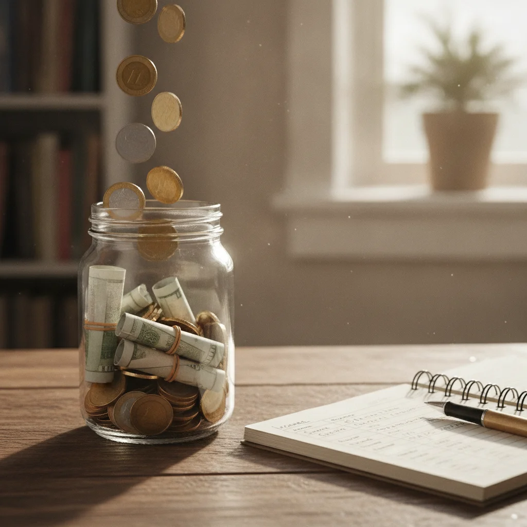 Glass jar filling with coins symbolizing saving extra money for accelerated debt payments